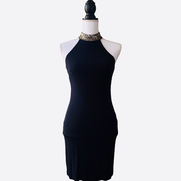 BEBE EMBELLISHED HIGH NECK BLACK BODYCON MINIDRESS - Picture 15 of 16